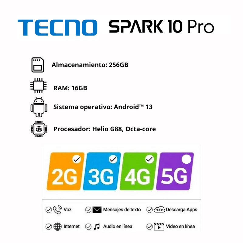 Celular TECNO Spark 10 Pro 256GB/16GB RAM - Blanco Perlado