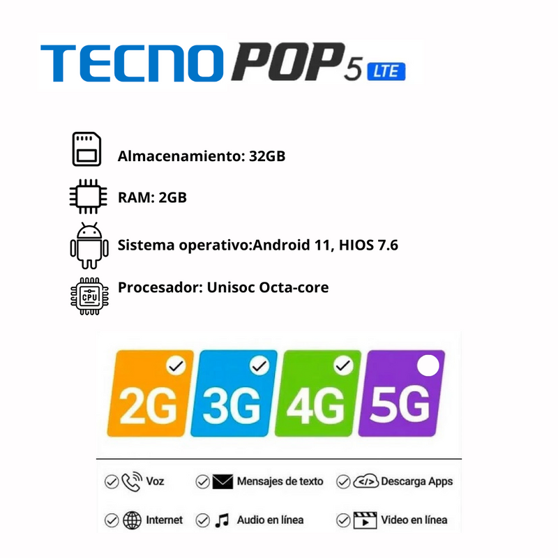 Celular Tecno Pop 5 LTE 32GB/2GB RAM - Brillo Marino